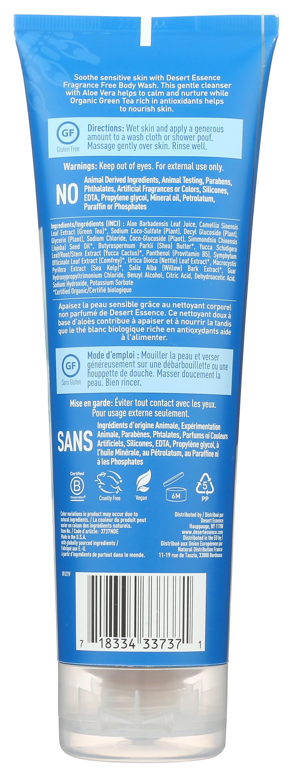 Desert Essence Fragrance Free Body Wash Sensitive Skin-Friendly Plant-Based Cleanser with Organic Aloe, Green Tea & Jojoba Oil - Nourishing