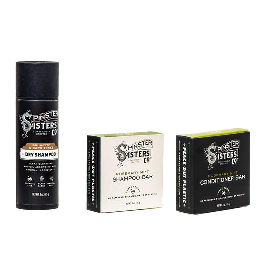 Spinster Sisters Natural Hair Care Set, Rosemary Mint - Shampoo Bar, Conditioner Bar, Brown Dry Shampoo - Homemade, sulfate-free, moisturizing