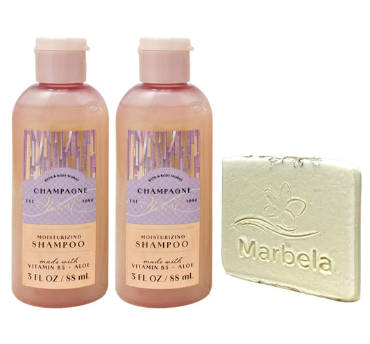Bath & Body Works Champagne Toast 2 Pack Mini Moisturizing Shampoo Bundle with a Natural Oats Sample Soap - Travel Size