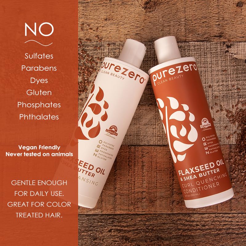 Purezero Flaxseed Oil & Shea Butter Shampoo and Conditioner Set - Curl Care - For Curly Hair Detangle & Defrizz - Zero Sulfates/Parabens/Dyes -100%