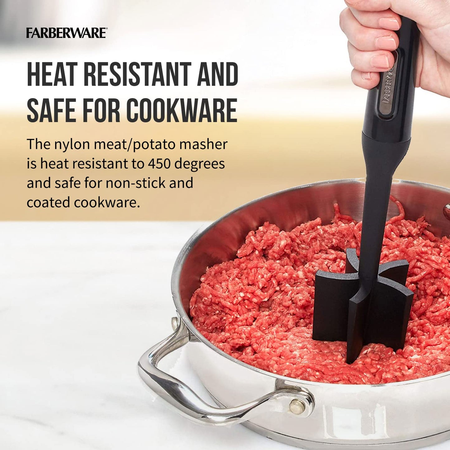 FARBERWARE 10-Inch Nylon Meat & Potato Masher – Heat-Resistant, Non-Stick Safe, Durable Kitchen Tool with Ergonomic Handle, Black