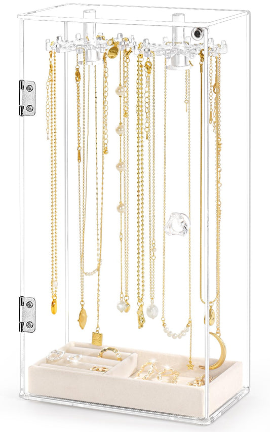 Necklace Holder, Acrylic Jewelry Organizer with 24 Hooks, Rotation Clear Necklaces Pendant Display Case Stand, Dust-proof Velvet Tray Hanging Rack…
