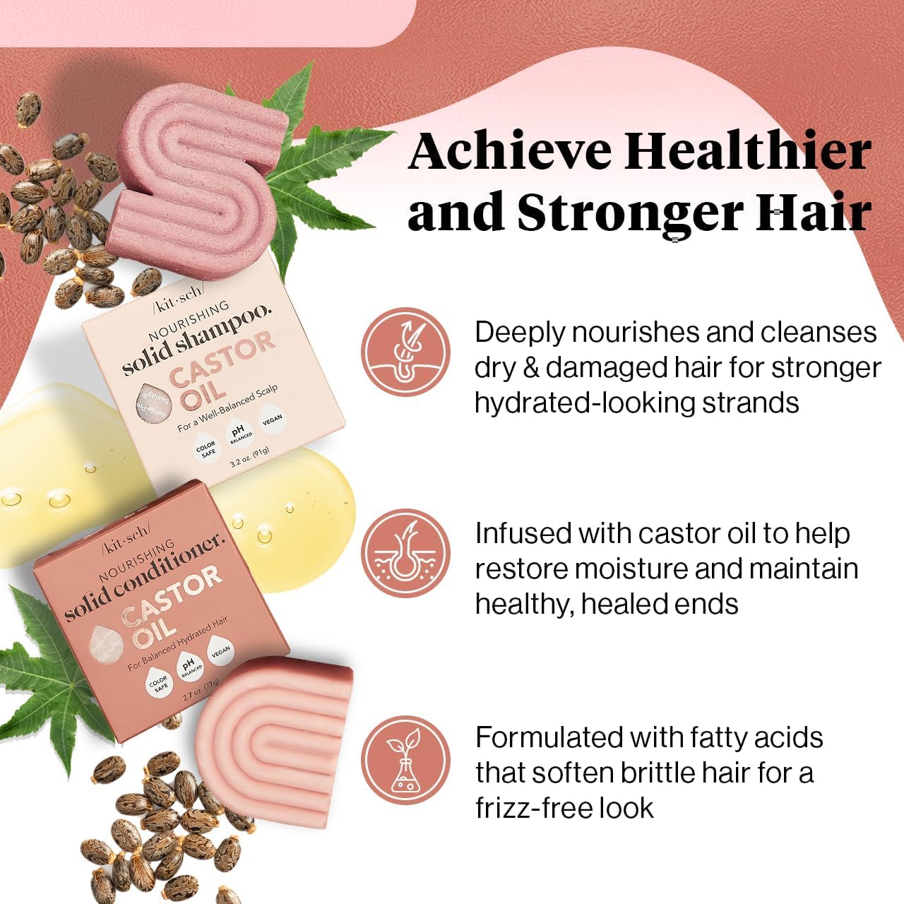 Kitsch Castor Oil Shampoo and Conditioner Set - Organic Castor Oil Hair Care for Dull & Dry Hair - Nourishing Bar Soap for Hair Growth - Free