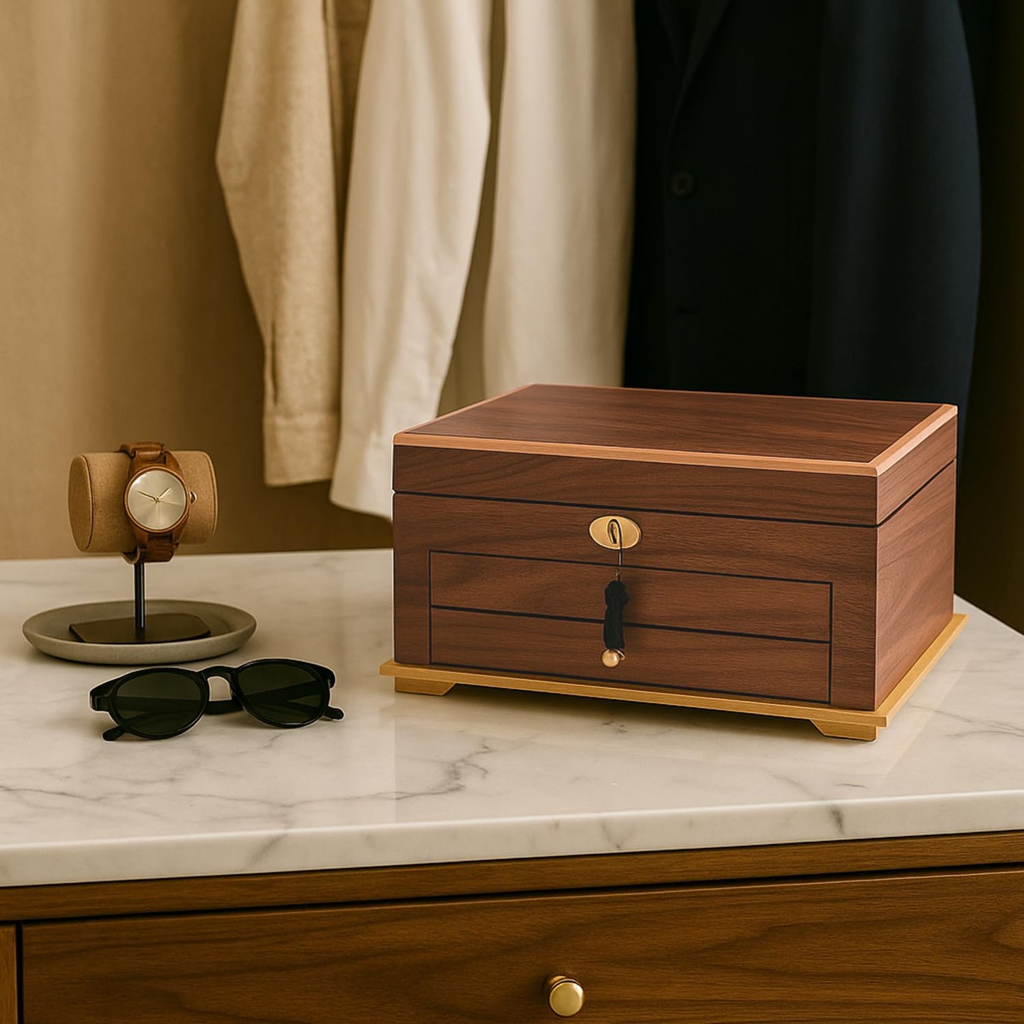 Bey-Berk Lacquered Walnut 3-Level Jewelry Box with Mirror, 2 Drawers and Locking Lid, Gold Accents, Ring Slots and Watch Pillows, 15.75" x 11" x 7"