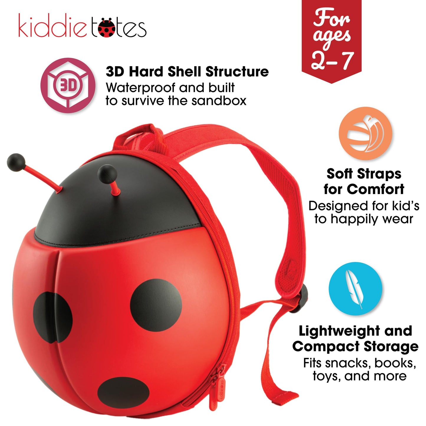 KIDDIETOTES Ladybug Backpack for Toddlers, Children, Perfect for Daycare, Preschool, Kindergarten, Elementary School