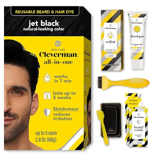 Reusable Hair & Beard Dye for Men - Jet Black 1.7 | Up to 5 Uses, 7 Minutes | Natural Gray Coverage, No-Drip Cream with SkinArmour® - Cleverman