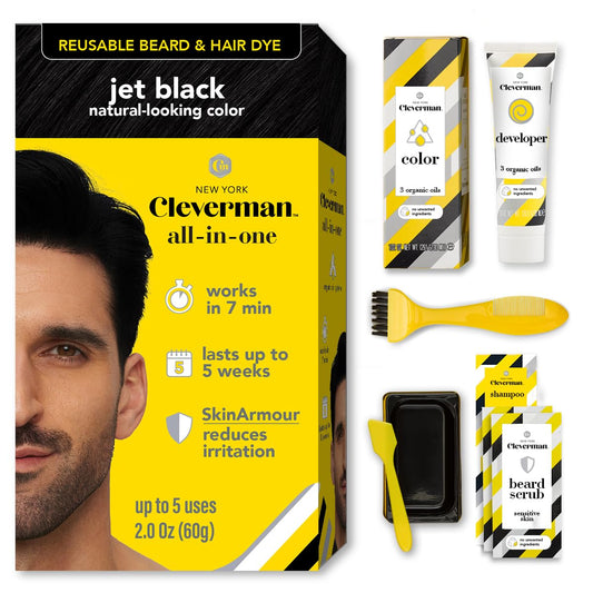 Reusable Hair & Beard Dye for Men - Jet Black 1.7 | Up to 5 Uses, 7 Minutes | Natural Gray Coverage, No-Drip Cream with SkinArmour® - Cleverman