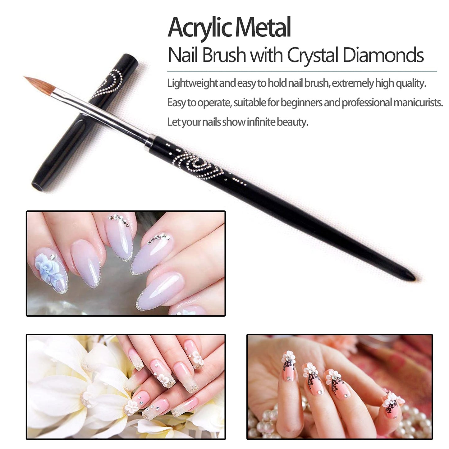 BQAN 3D Kolinsky Nail Art Brush 1Pc #4, Professional nail brushes for acrylic application, Natural Wooden Handle with Rhinestone Design