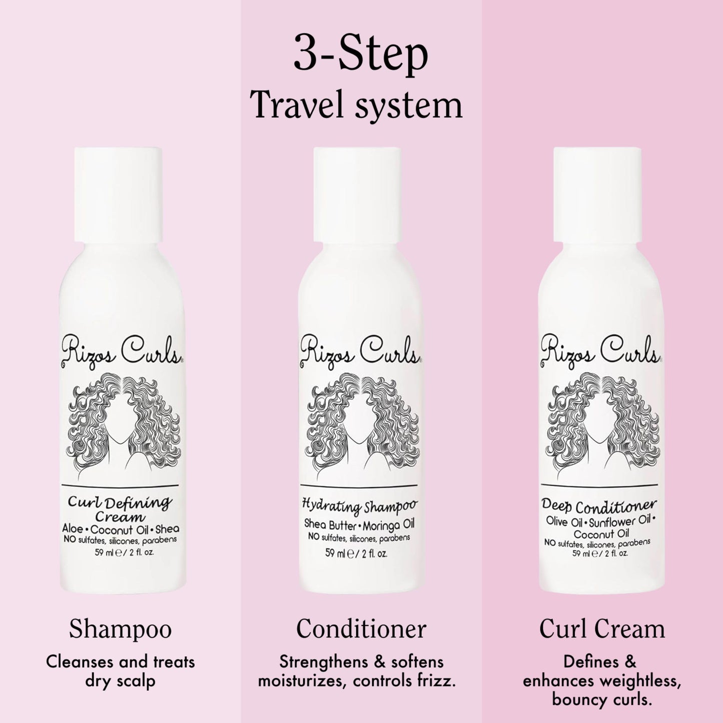 Rizos Curls Trio Travel Curl Kit, Includes Travel Hydrating Shampoo, Travel Deep Conditioner, Travel Curl Cream, Gently Cleanse, Hydrate and Style