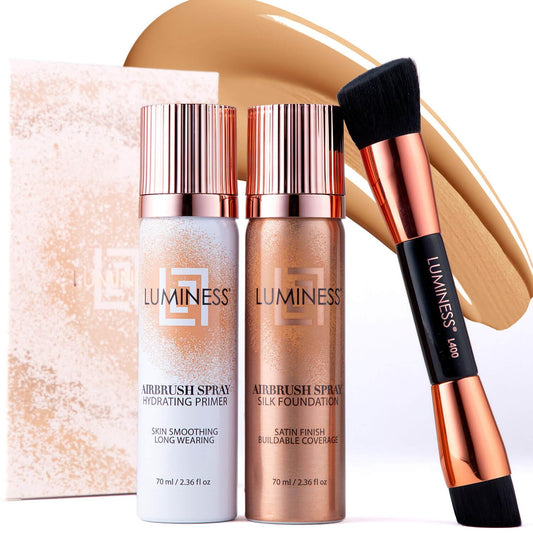 LUMINESS Airbrush Spray Silk Foundation Starter Kit - Medium - Foundation, Primer & Dual-Sided Angled Buffing Brush - Medium, Buildable Coverage