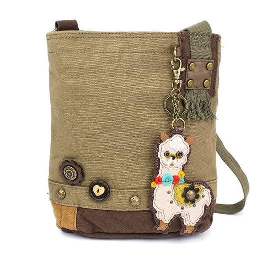CHALA Patch Cross-Body Women Handbag, Olive Canvas Messenger Bag Key fob (LLAMA- Olive)
