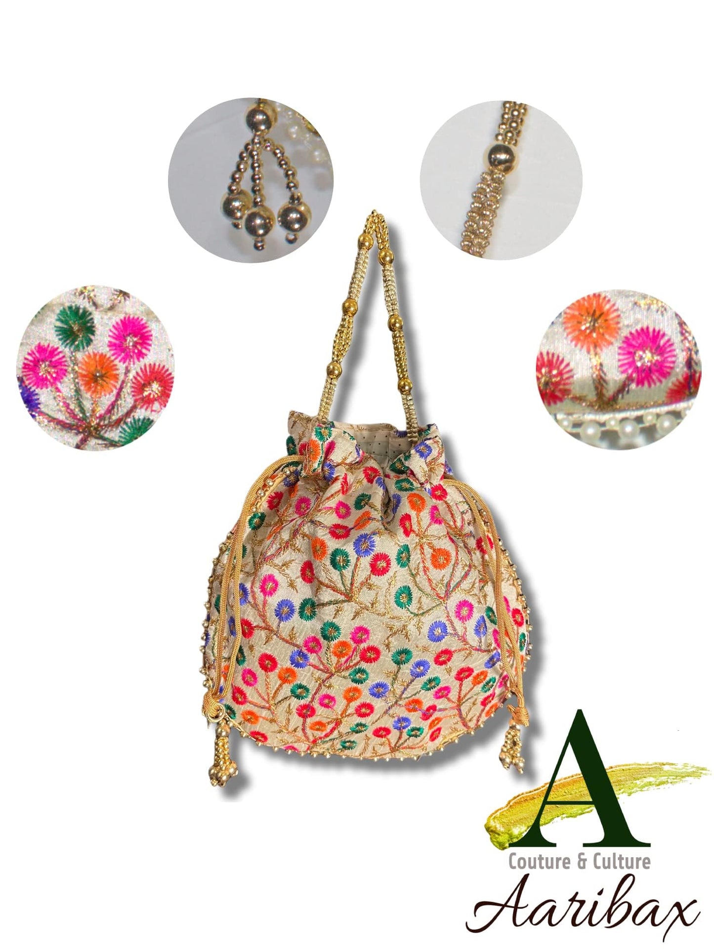Embroidered Indian Ethnic Potli Bag for Women. Traditional, Handmade, Perfect for Weddings and Other Special Occasions (Multicolored)