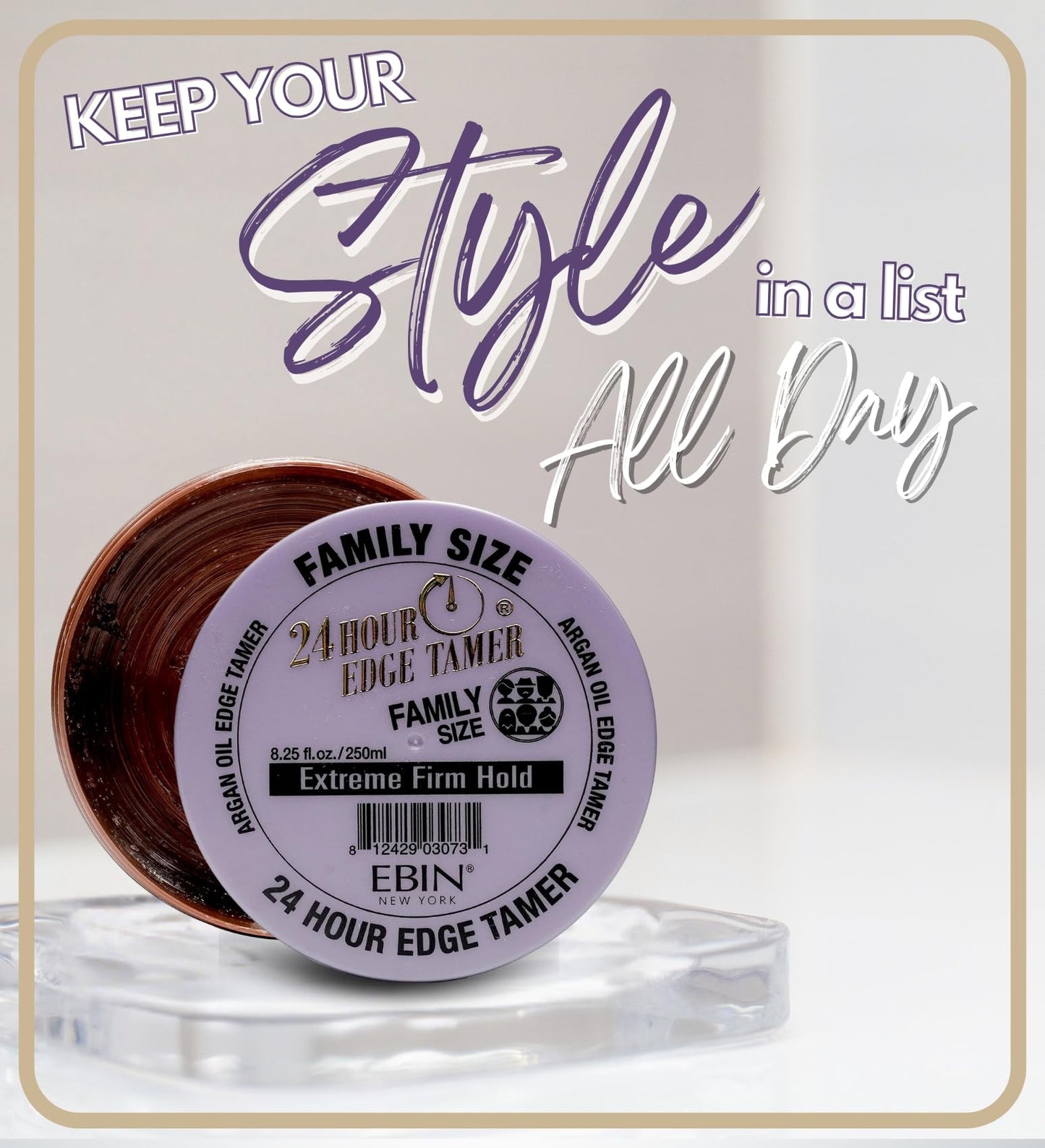 EBIN NEW YORK 24 Hour Edge Tamer - Extreme Firm Hold (8.25oz/ 250ml) - No Flaking, White Residue, Shine and Smooth texture with Argan Oil and Castor