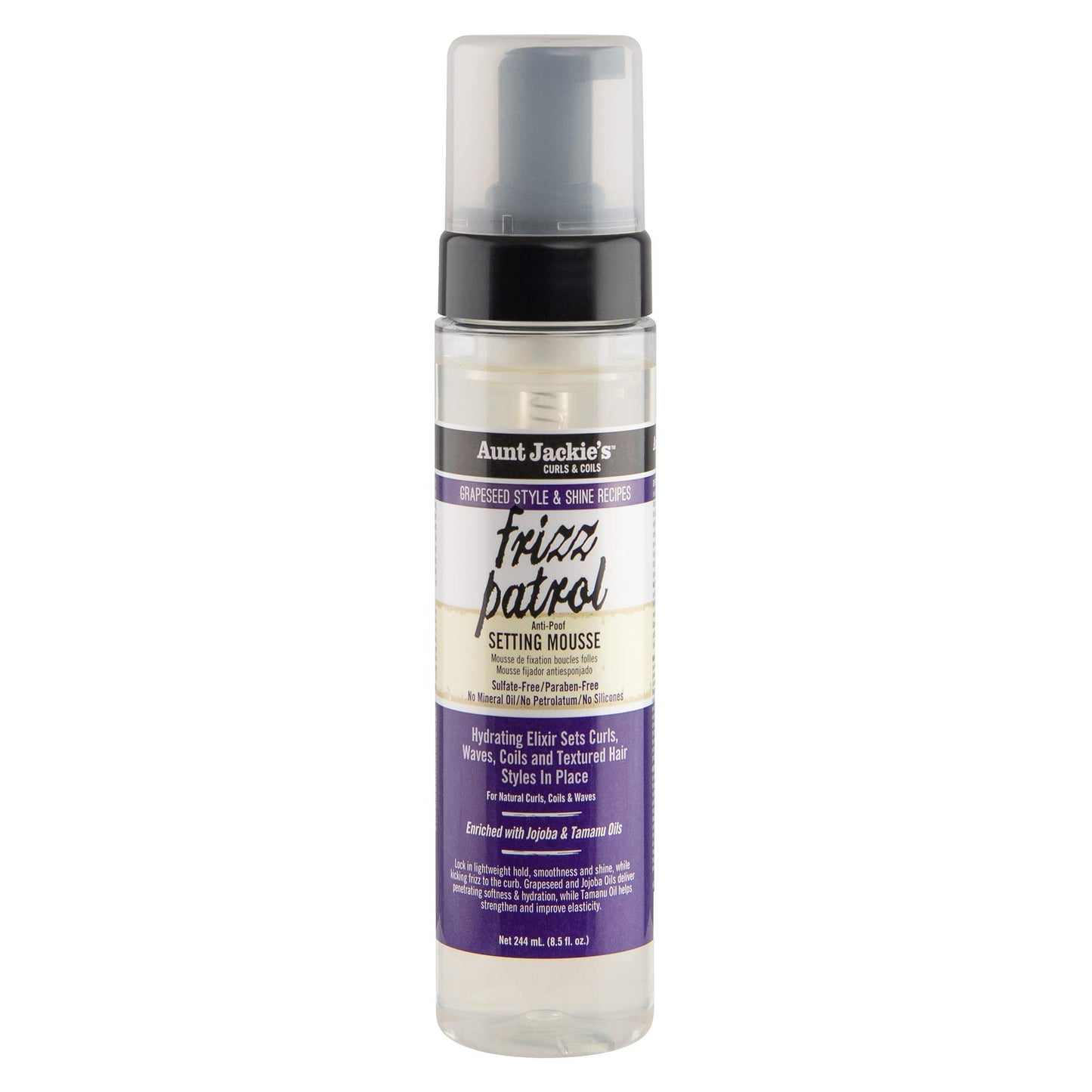Aunt Jackie's Grapeseed Style and Shine Recipes Frizz Patrol Anti-Poof Setting Hair Mousse, Sets Curly Hair Styles in Place,Purple Fl.Oz 8.5 Ounce