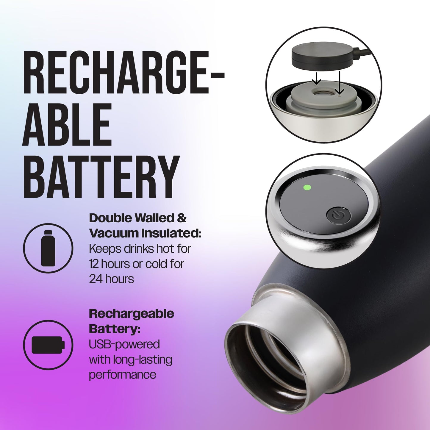 FIRSTHEALTH UV Self-Cleaning Water Bottle, 18oz Insulated Stainless Steel Tumbler with UV-C Purifier, Rechargeable Self-Sterilizing Cap, Kills 99.9%…