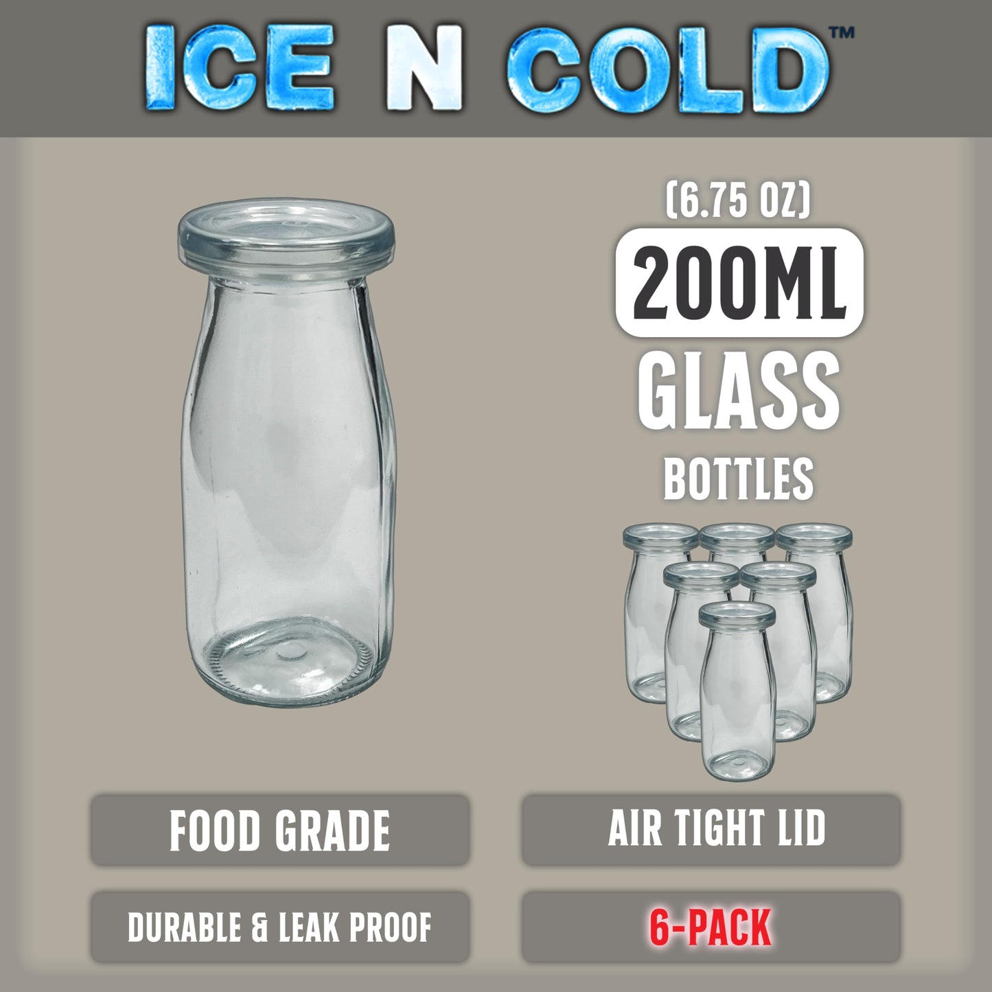 ICE N COLD 6.76 oz / 200ml Vintage Glass Bottle with Leakproof Clear Lid, Reusable & Eco-Friendly - Ideal for Milk, Juices, Smoothies, Infused Water