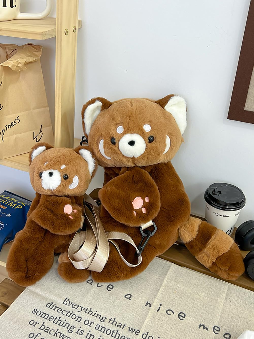 COSWHO Red Panda Hug Stuffed Backpack Cute Animal Plush Shoulder Bag (Large)