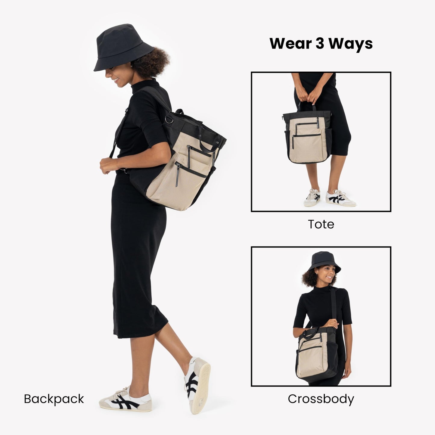 Sherpani Soleil, Anti Theft Convertible Backpack, 3 in 1 Tote Bag, Cross Body Purse, 18L Travel Backpack, Travel Gifts for Women, RFID Protection, Metal Hardware Fits 13” Laptop (Straw Signature)