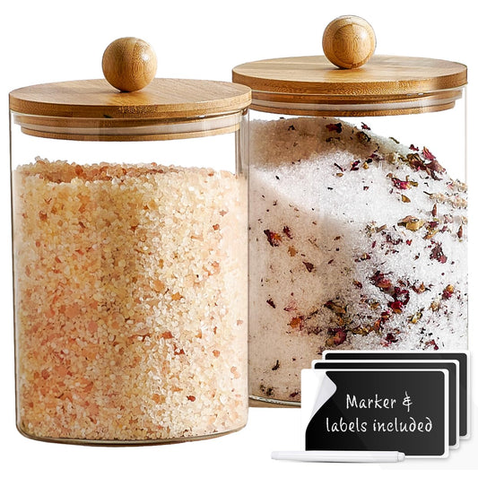Set of 2 Large Glass Canisters for Kitchen Counter with Airtight Bamboo Lids + Marker & Labels - Cookie Jars with Wooden Lid, Food Storage Containers…