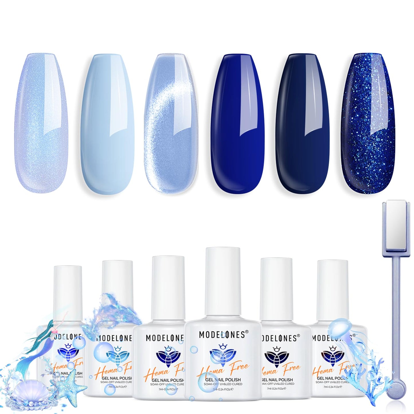 modelones Blue Gel Nail Polish, 6 Colors Spring Summer Hema Free Pastel Royal Navy Sky Icy Klein Dark Blue Glitter Gel Polish Galaxy 9D Cat Eye Nail Beauty and Personal Care modelones Default Title