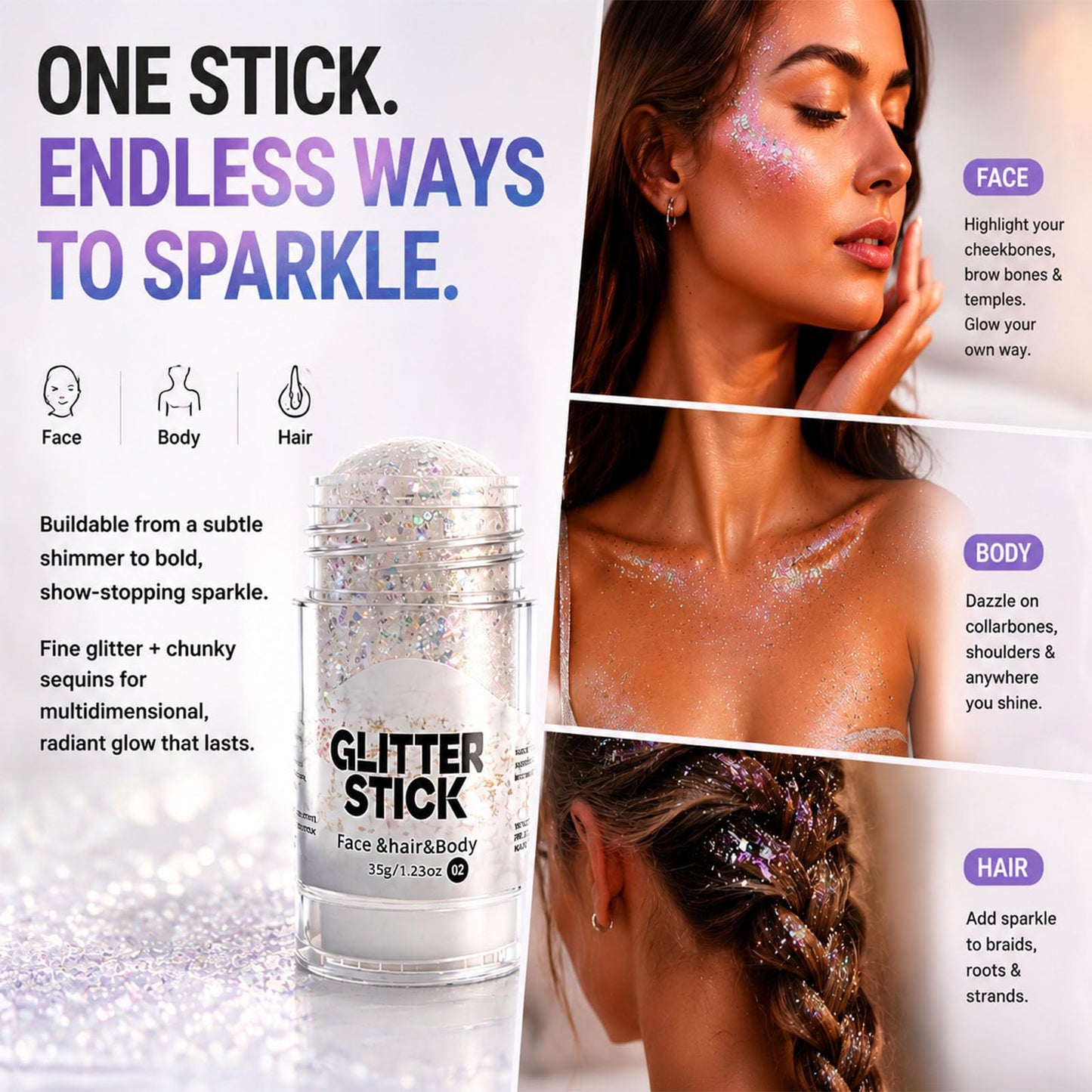 4th of July Patriotic Body Glitter Stick, Waterproof Long Lasting Colorful Sparkle Gel for Face & Body, No Glue Needed Makeup for Independence Day