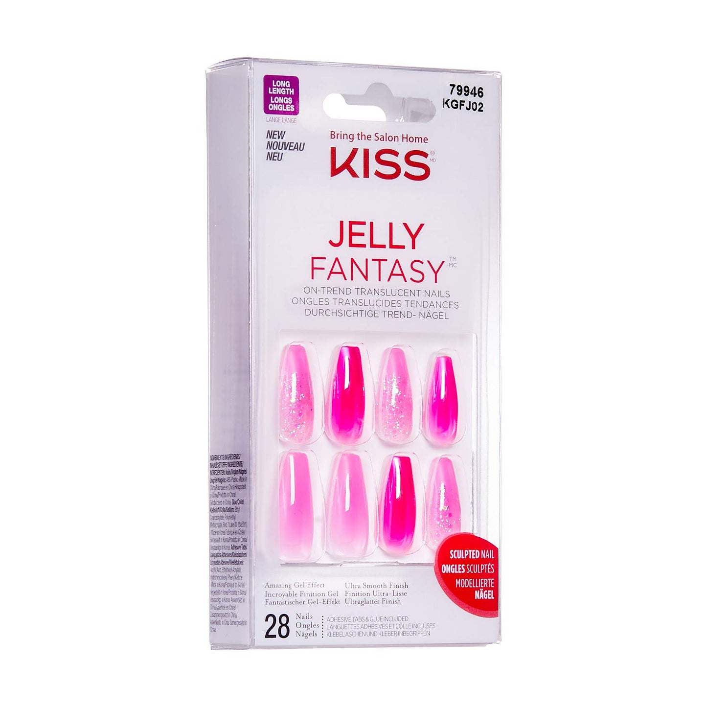 KISS Jelly Fantasy On-Trend Translucent Sculpted Nails, Long, Coffin, “Jelly Baby”, Durable, Easy To Apply, Includes Pink Gel Nail Glue, Mini Nail