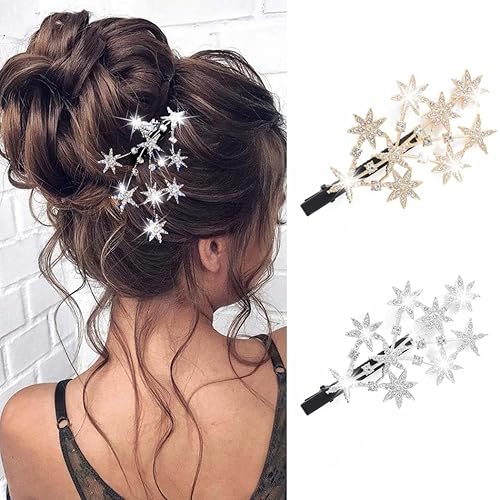 BARTOSI Star Hair Clips Gold Rhinestone Hair Barrettes Bride Wedding Hair Pieces Celestial Hair Accessories for Women and Girls (Pack of 2)