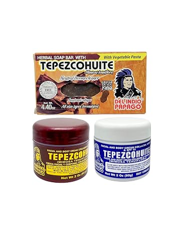 Del Indio Papago Anti Aging Combo Pack with Night Cream 2 oz, Day Cream 2 oz, and Tepezcohuite Natural Bar Soap - Skin Care Solution for All Types