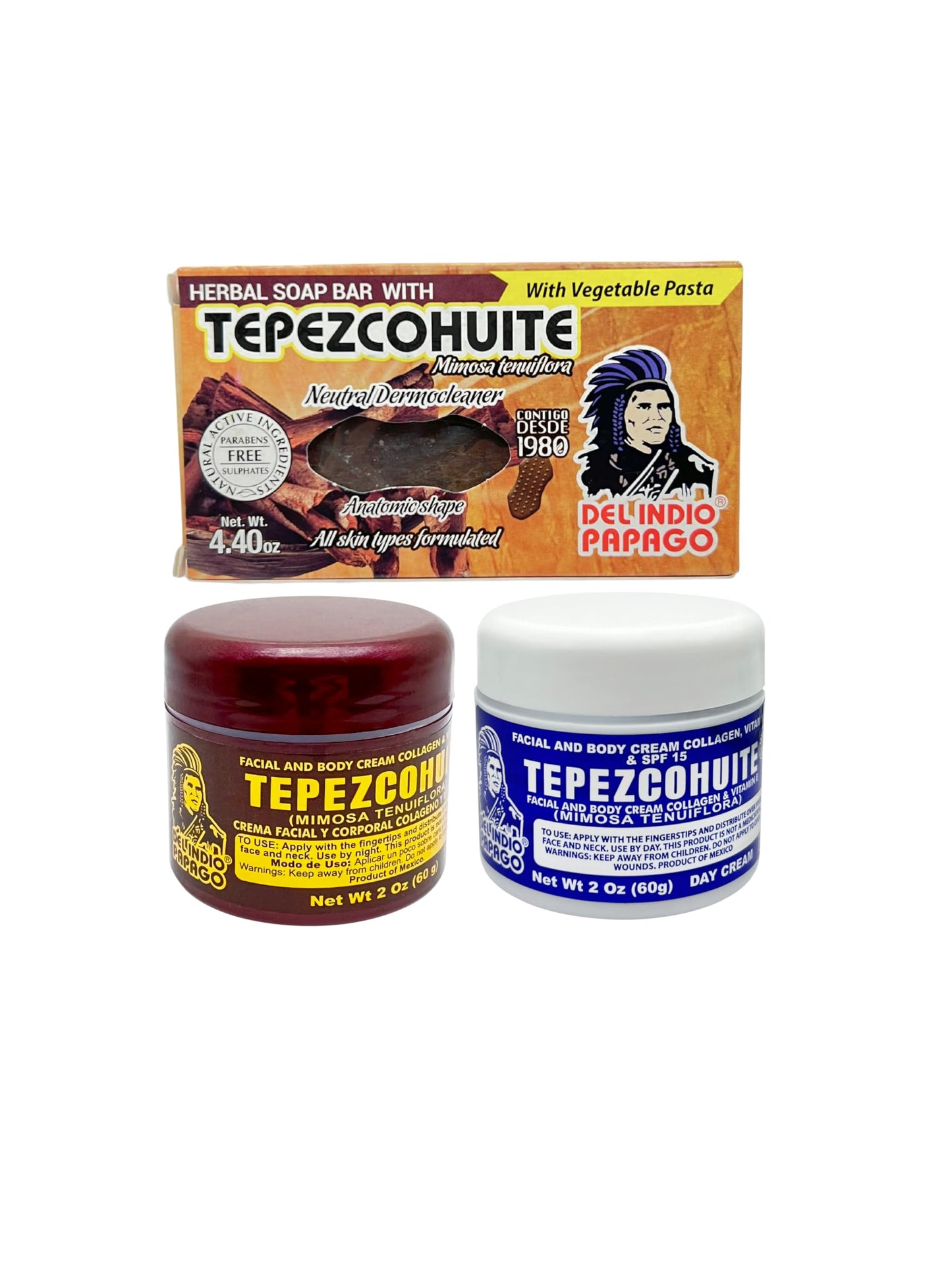 Del Indio Papago Anti Aging Combo Pack with Night Cream 2 oz, Day Cream 2 oz, and Tepezcohuite Natural Bar Soap - Skin Care Solution for All Types