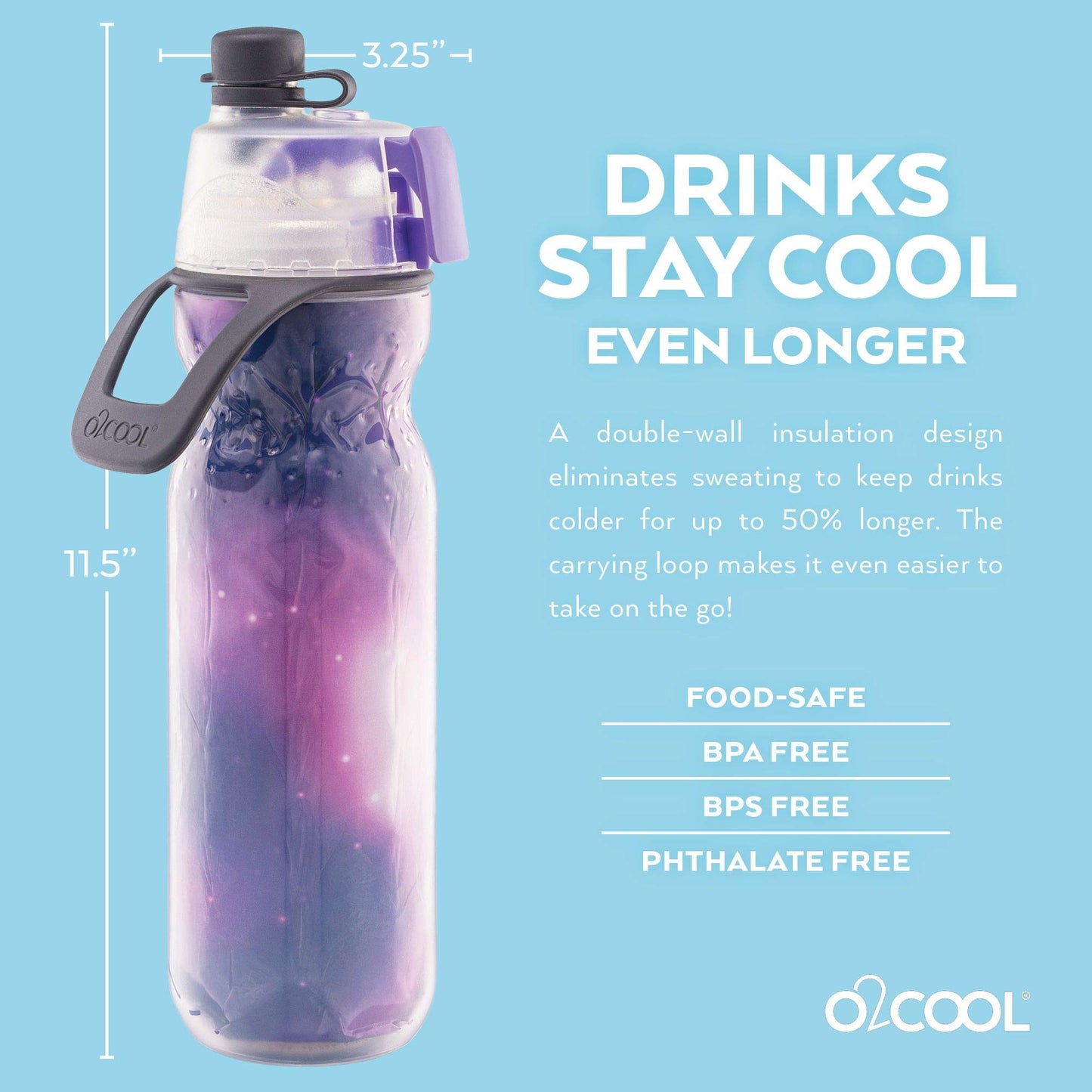 O2COOL Mist 'N Sip Misting Water Bottle 2-in-1 Mist And Sip Function With No Leak Pull Top Spout Reusable Sports Water Bottle - 20 oz (Tie