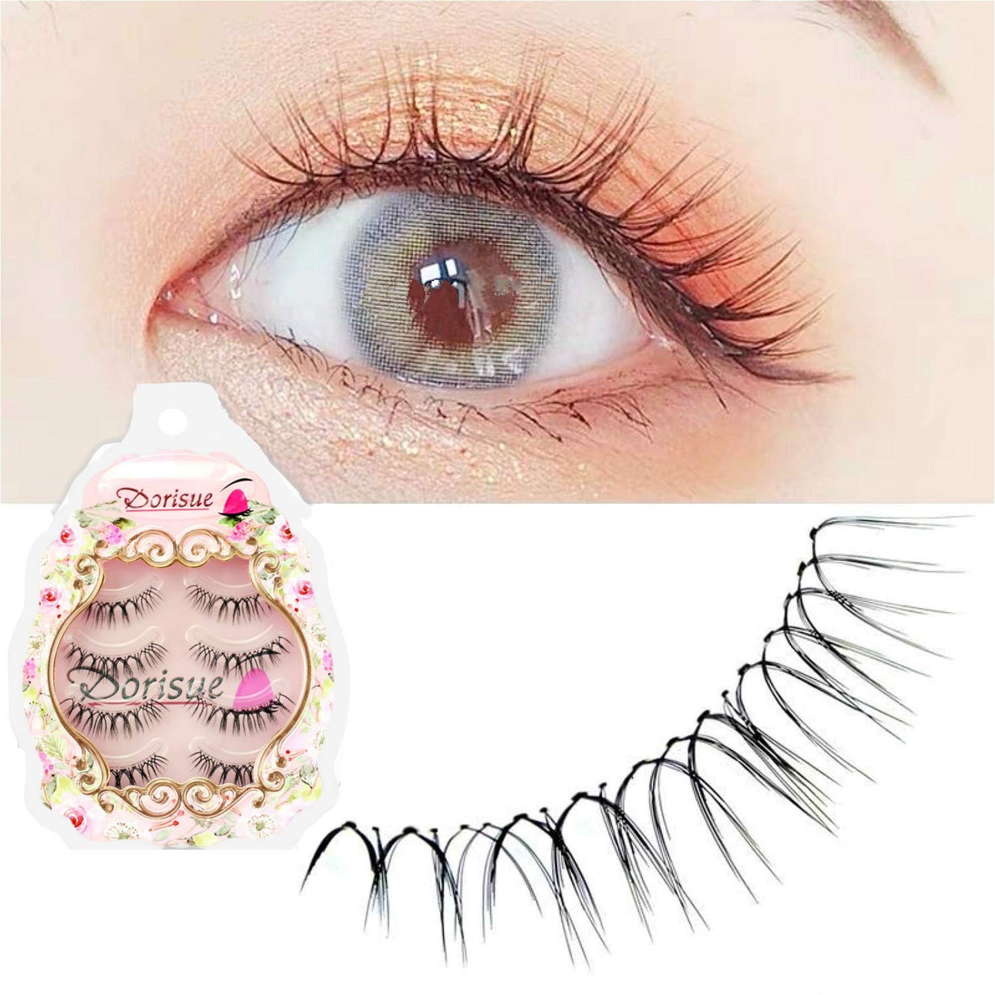 Dorisue Natural Round Eyes False Eyelashes - Ultra-Thin Invisible Band Dolly Eye Lashes for Natural Volume Look, 5-10mm Center Length, 4 Pairs (E6)