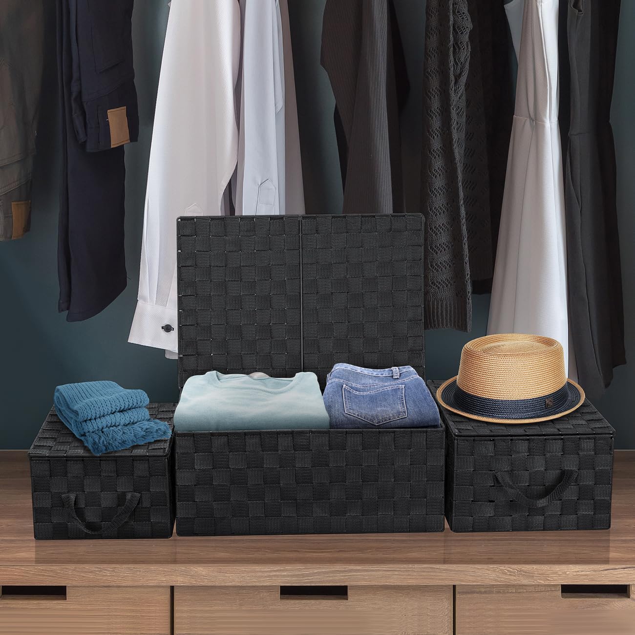 Sorbus Set of 3 Hand-Woven Storage Baskets with Lids - Mesh Design Organizers for Closet, Shelves, and Home Storage (Black)