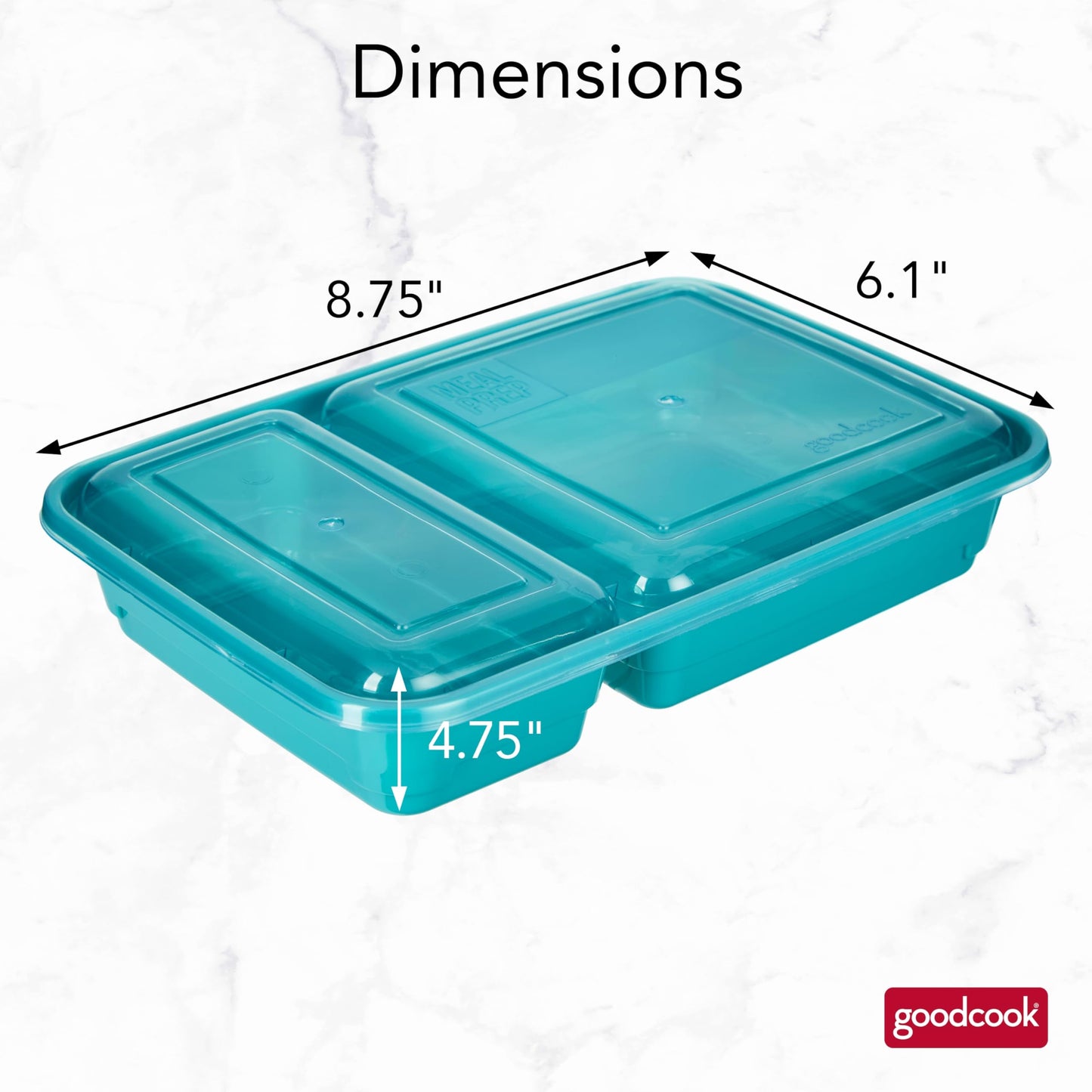 GoodCook Meal Prep Rectangle Two Compartment 20-Piece, Teal, Made without BPA