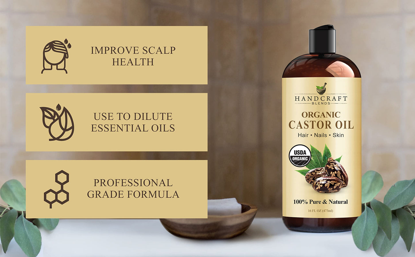 Handcraft Blends Organic Castor Oil – 100% Pure, Natural, Expeller-Pressed, Hexane-Free Carrier Oil for Hair, Lashes, Brows & Skin, 16oz