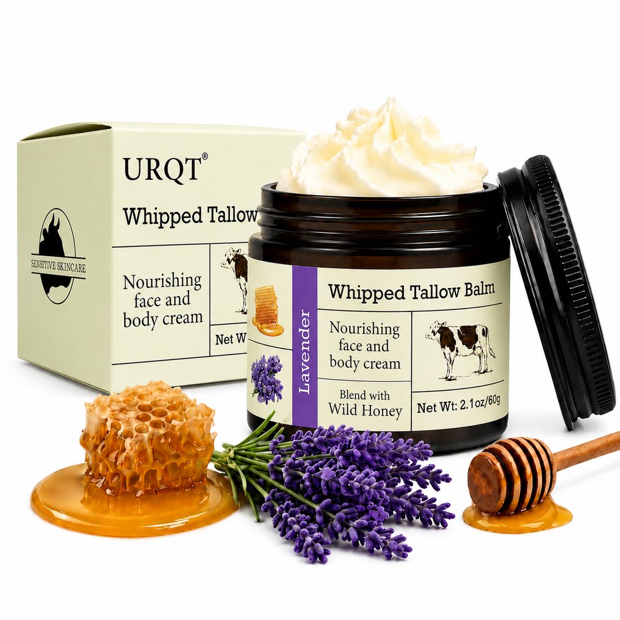URQT Whipped Tallow Balm - Organic Grass-Fed Beef Tallow for Skin with Honey & Lavender - Deeply Moisturizing Natural Skin Care for Face & Body - Soft Beauty and Personal Care URQT