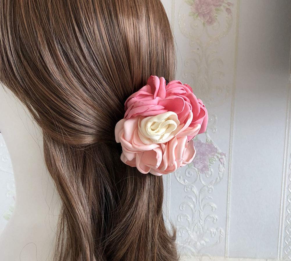 2PCS Sweet Large Rose Flower Hair Claws Beauty Ribbon Bow Hair Clips Headwear Hair Jewelry for Women Accessories (Pink + Pink blue)