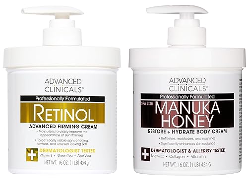 Advanced Clinicals Unscented Retinol Body Lotion & Face Moisturizer + Manuka Honey Body Cream For Women & Men | 2PC Skincare Set Helps Reduce