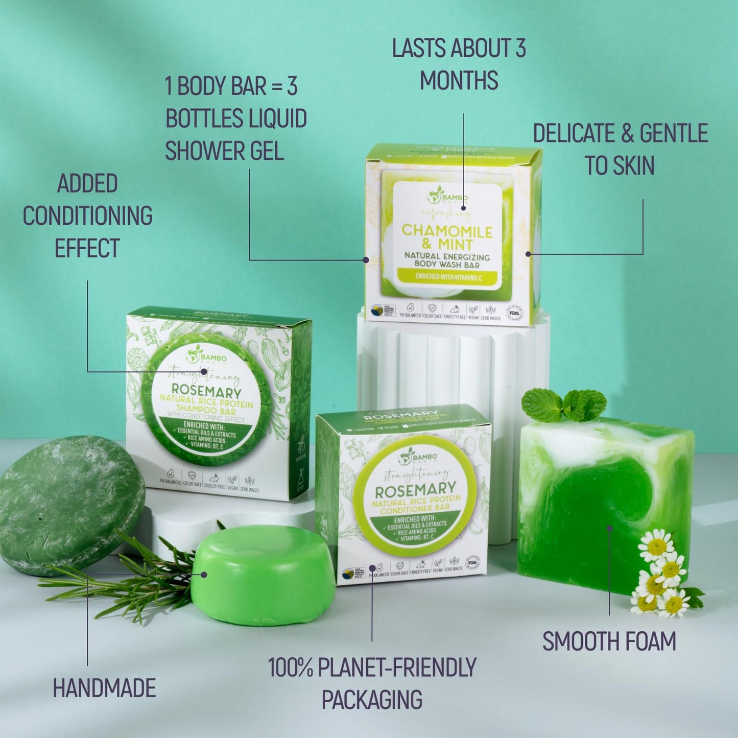 Solid Rice Protein Shampoo, Conditioner and Body Wash Bundle | Shampoo, Conditioner & Wash Bars For Hair and Body w/All Natural Essential Oils & Zero