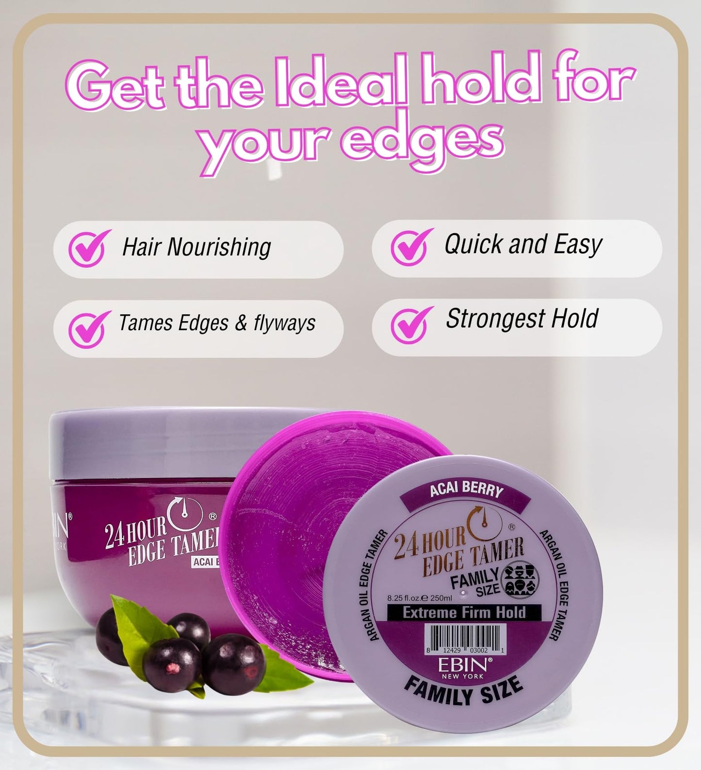 24 Hour Argan Oil Edge Tamer Refresh (8.25oz/ 250ml, Acai Berry) | Extreme Firm Hold, Smooths & Tames Frizz | No Flaking or Drying | High Shine, Long