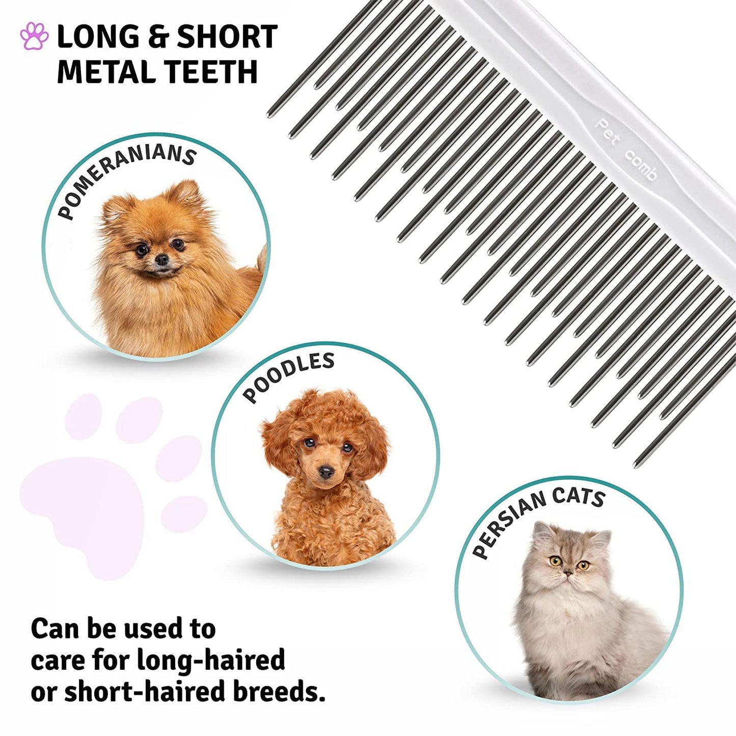 Poodle Pet Detangling Comb – Long & Short Stainless Steel Teeth for Removing Mats, Knots & Tangles, Gentle Grooming for Dogs & Cats