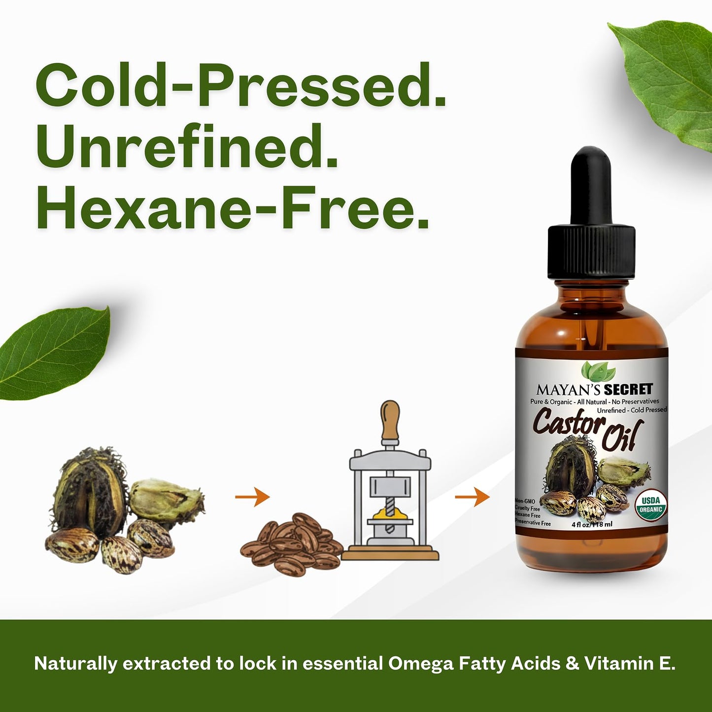 Mayan's Secret - Pure Cold-Pressed Castor Oil Organic Hexane-Free Unrefined 4 fl oz Glass Bottle - Natural Castor Oil for Hair Growth, Eyelashes