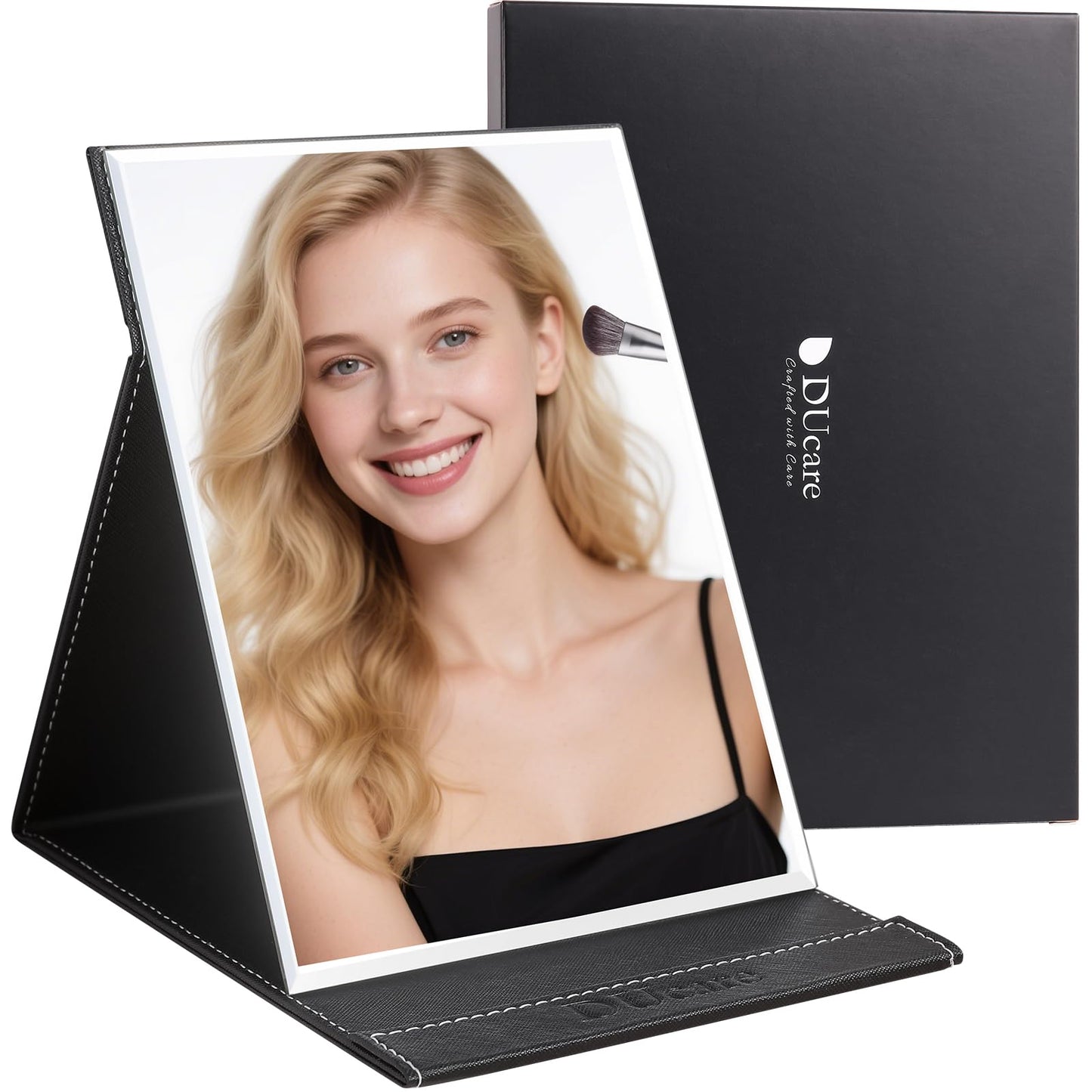 DUcare Folding Mirror Portable Travel PU Portable Adjustable Rectangular Ultrathin Vanity Mirror with Stand Black