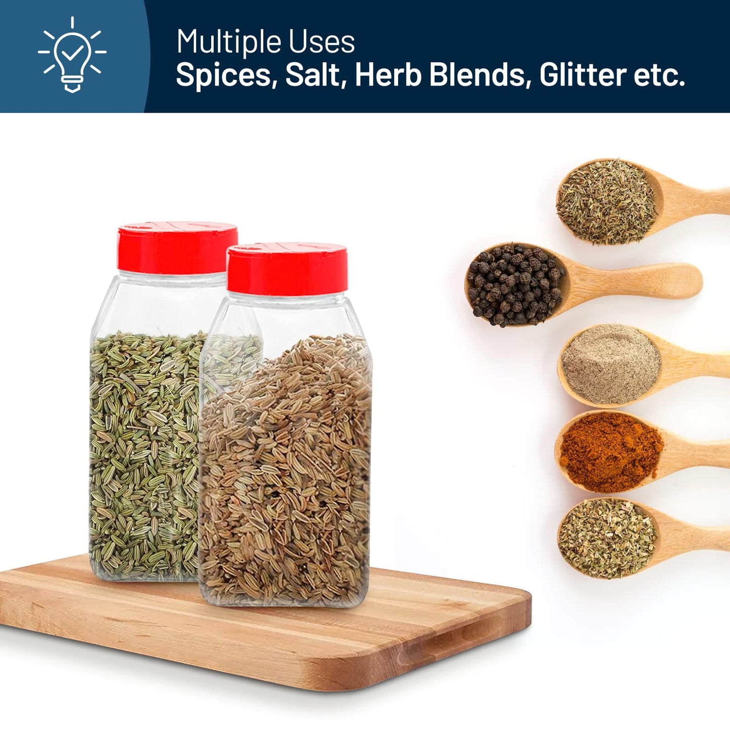 RoyalHouse 6 Pack 32 Oz Plastic Spice Jars with Red Cap, Clear and Safe Plastic Bottle Containers with Shaker Lids for Storing Spice, Herbs…