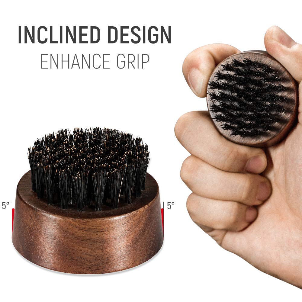BFWood Beard Brush for Men - Boar Bristles Small and Round - Black Walnut Wood