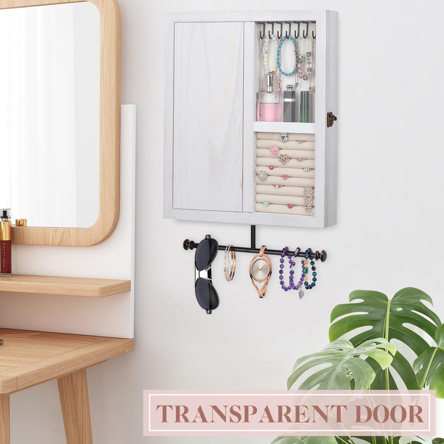 Keebofly Wall Mounted Jewelry Organizer With Rustic Wood Large Space Jewelry Cabinet, Holder, Storage Box for Necklaces, Earrings, Bracelets, Ring…