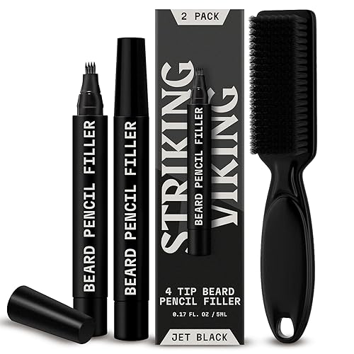 Striking Viking Beard Pencil Filler for Men - Pack of 2, Jet Black - Waterproof Long-Lasting Beard Pen - 4-Pronged Tip for Gap Repair & Barber Pencil
