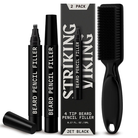Striking Viking Beard Pencil Filler for Men - Pack of 2, Jet Black - Waterproof Long-Lasting Beard Pen - 4-Pronged Tip for Gap Repair & Barber Pencil
