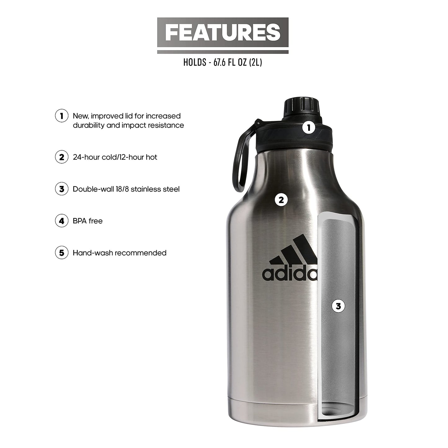 adidas Water Bottle-Metal Insulated Leak-Proof Durable Sport Hydration, Stainless Steel/Black, 62 Ounces