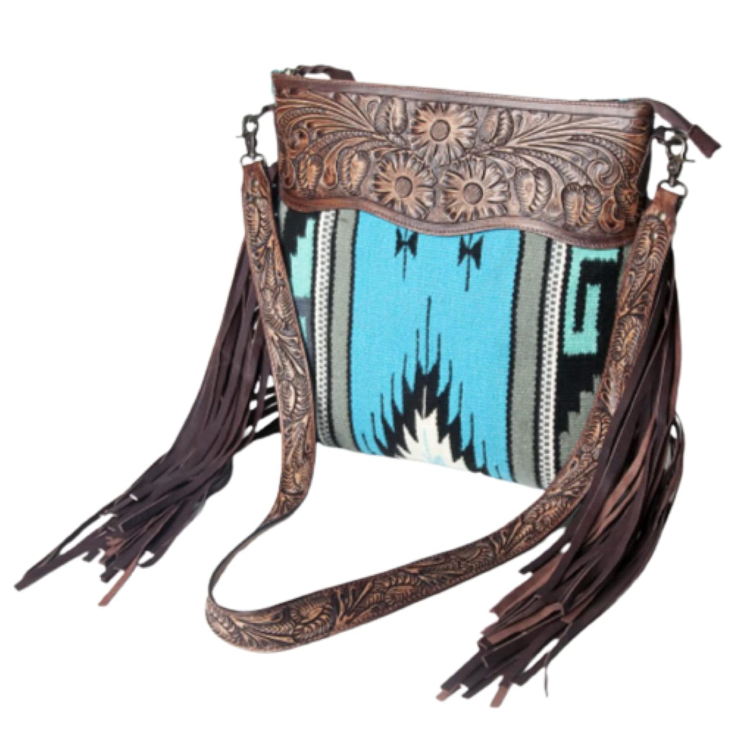 American Darling Large Vintage Crossbody Bag Leather Fringe Western Handbag Quilted Saddle Blanket Cowhide Purse with Hand-Carved Strap Handmade…