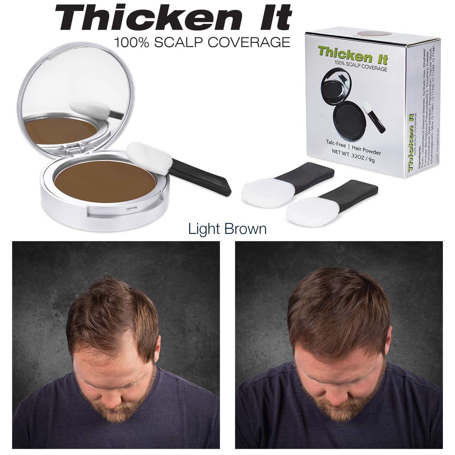 Thicken It 100% Scalp Coverage Hair Powder - LIGHT BROWN - Talc-Free .32 oz. Water Resistant Hair Loss Concealer for men and women. Naturally Thicker